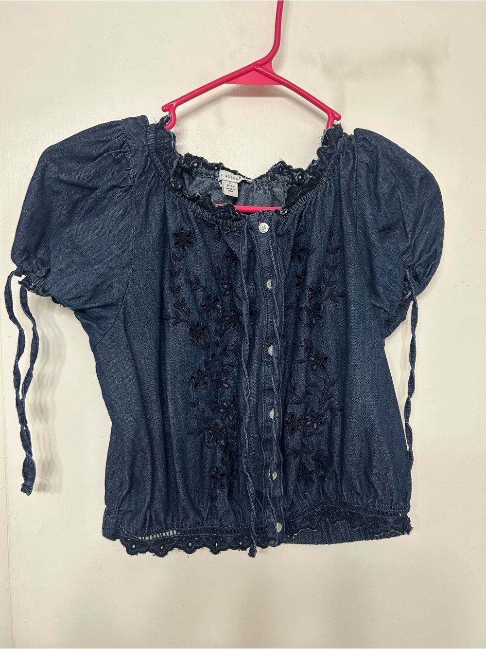 Embroidered Dark Denim Peasant Blouse